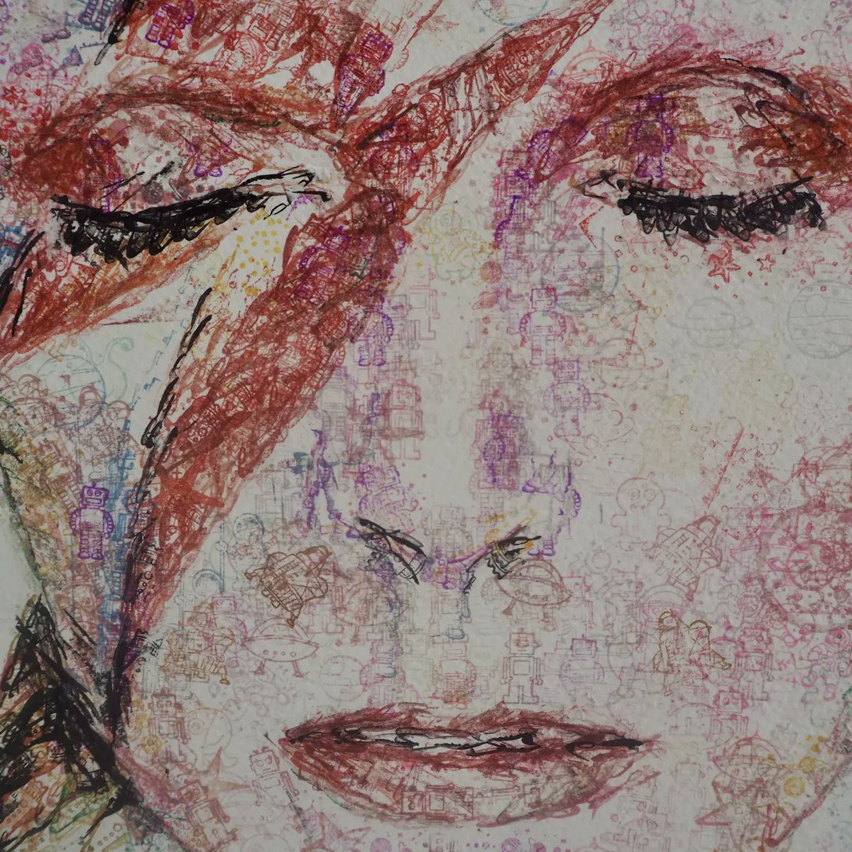 pauljessettart's tweet photo. Ziggy Stardust. Hand stamped with space themed rubber ink stamps and ink on A2 paper. Always a pleasure. Please zoom in. https://t.co/oGd4CXcMwe. David Bowie #davidbowie #ziggystardust #ziggy #art #artist #artwork #portrait #musiclegend #stampwork #starman https://t.co/umCvJve8dB