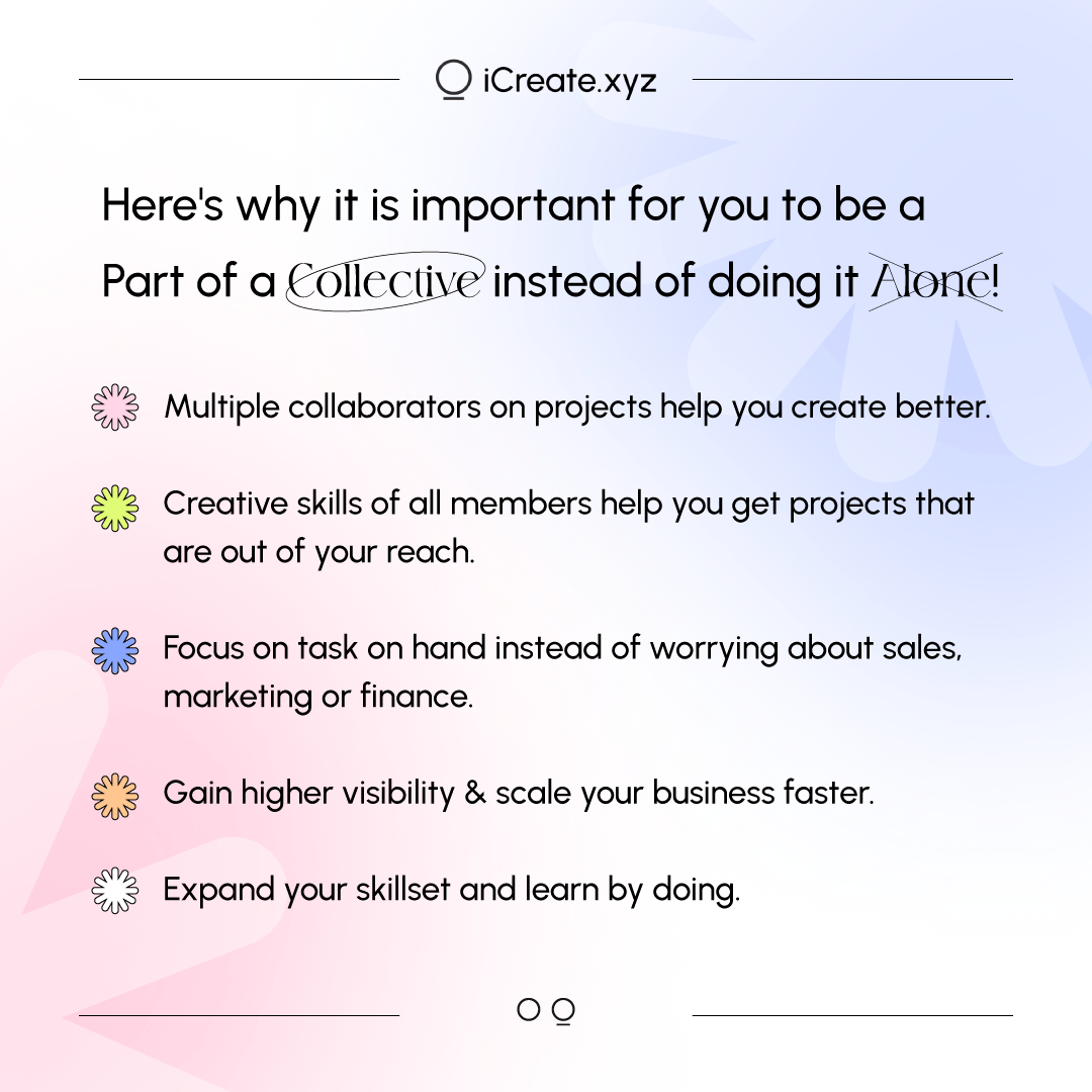 Why work alone when you can work together and create something incredible!
Start or join a collective to learn, collaborate and work with the perfect team of creators.

#joinicreate #futureofwork #collective #creatorcommunity #gigeconomy #arcreators #metaverse #creators