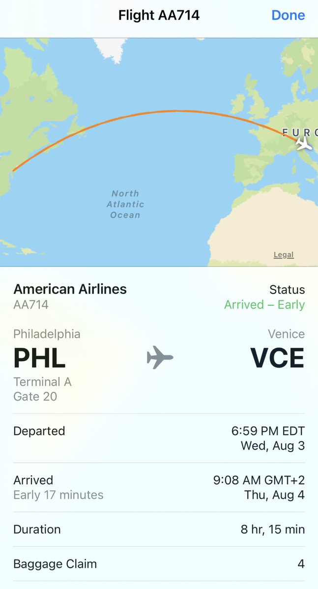 iPhone flight tracking hack: Type your flight into a text then click it. For example: If your flight is American 714, type: AA714 into a text, once you send it, click it, then click preview. It will show you all the flight details.