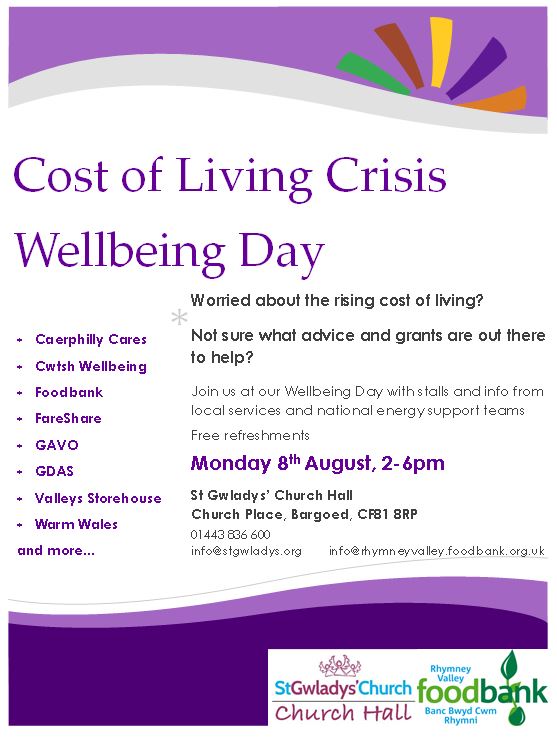 Work_Families's tweet photo. St Gwladys Church &amp; Rhymney Valley Foodbank are running a Cost of Living Crisis Wellbeing day.

If you're worried about rising costs &amp; not sure where to go for advice &amp; support, why not pop along on Mon 8th Aug 2-6pm @ St Gwladys' Church Hall?

#Helpisathand #Support #Community https://t.co/npSff5EkVi