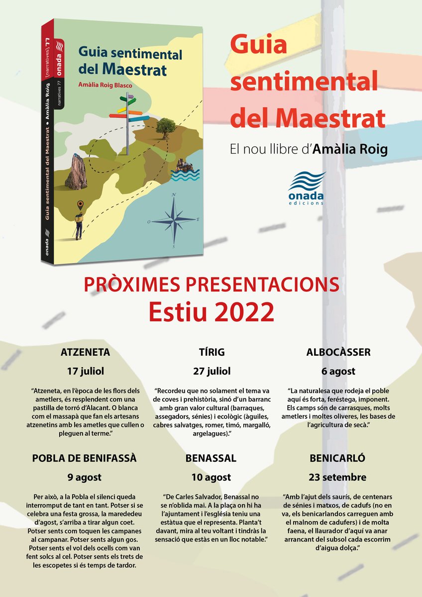 La pròxima setmana continua la gira de presentacions de la "Guia sentimental del Maestrat" de <a href="/aroigblasco/">Amàlia Roig</a> !

Dimarts, 9 d'agost a la Pobla de Benifassà.

Dimecres, 10 d'agost a Benassal.