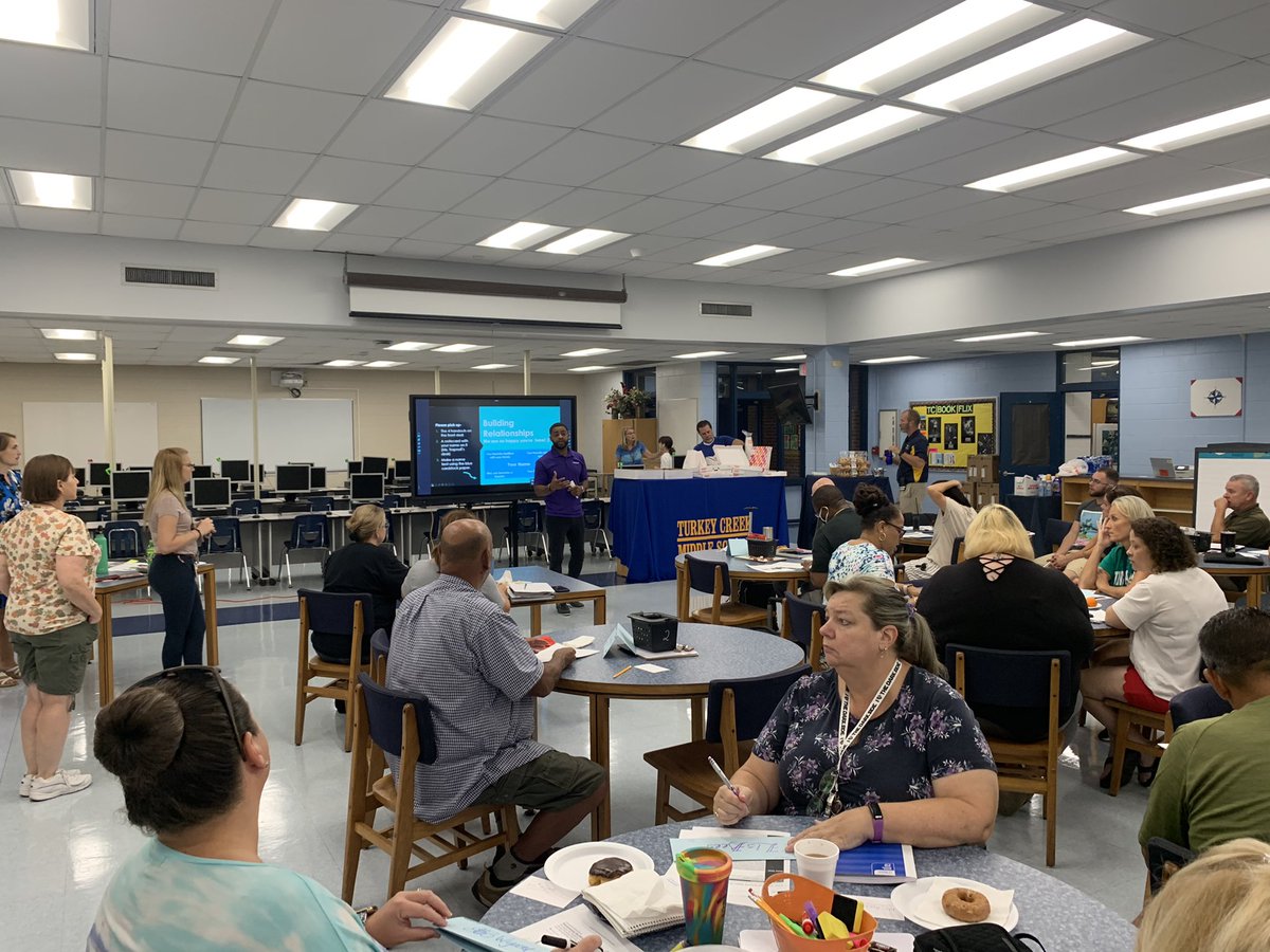 TurkeyCreekMS's tweet photo. Building relationships training led by our teachers. Thank you to PTSA and Grand Canyon university for sponsoring breakfast this morning. https://t.co/fOeZAfY2l8