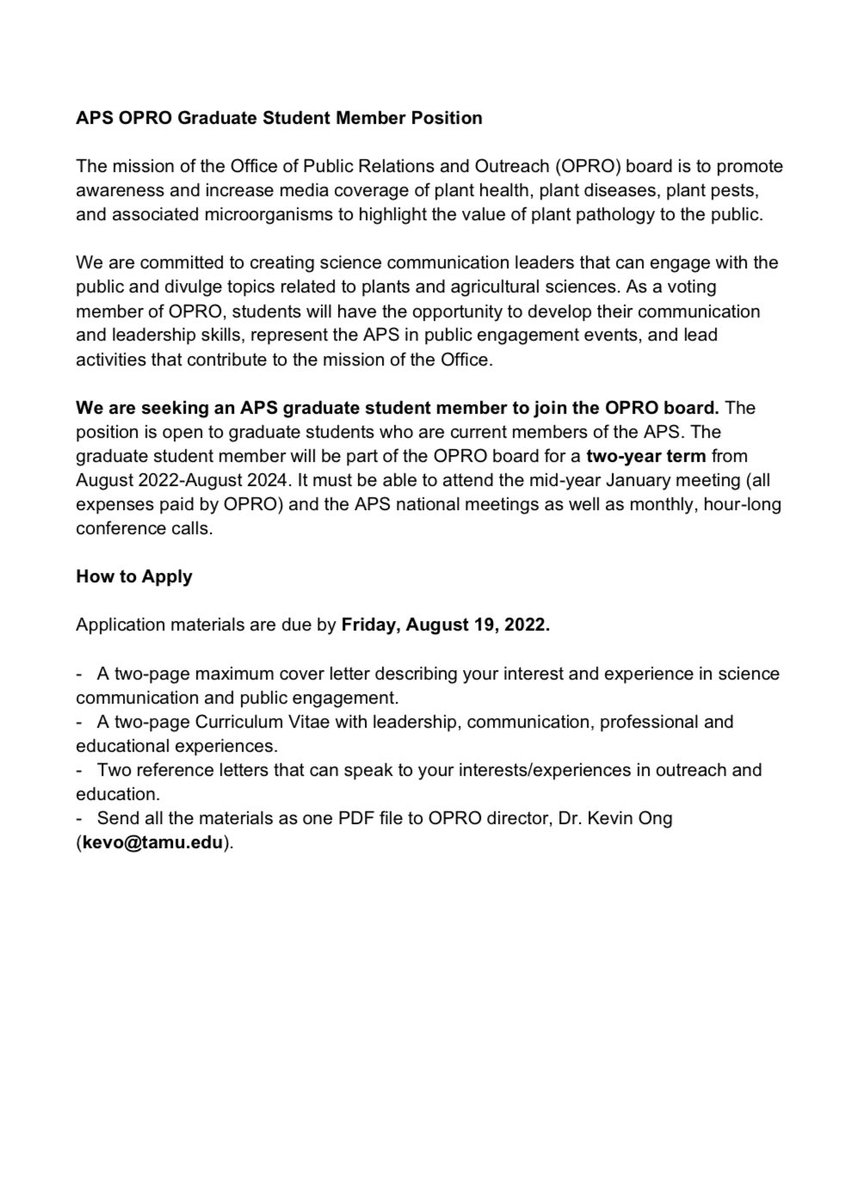APS Graduate Student Committee (@plantpathgrads) on Twitter photo APS grads - The Office of Public Relations and Outreach (OPRO) is seeking an APS graduate student member to join the OPRO board. The position is open to graduate students who are current members of the APS. The graduate student member will be part of the OPRO board for a two-year APS grads - The Office of Public Relations and Outreach (OPRO) is seeking an APS graduate student member to join the OPRO board. The position is open to graduate students who are current members of the APS. The graduate student member will be part of the OPRO board for a two-year