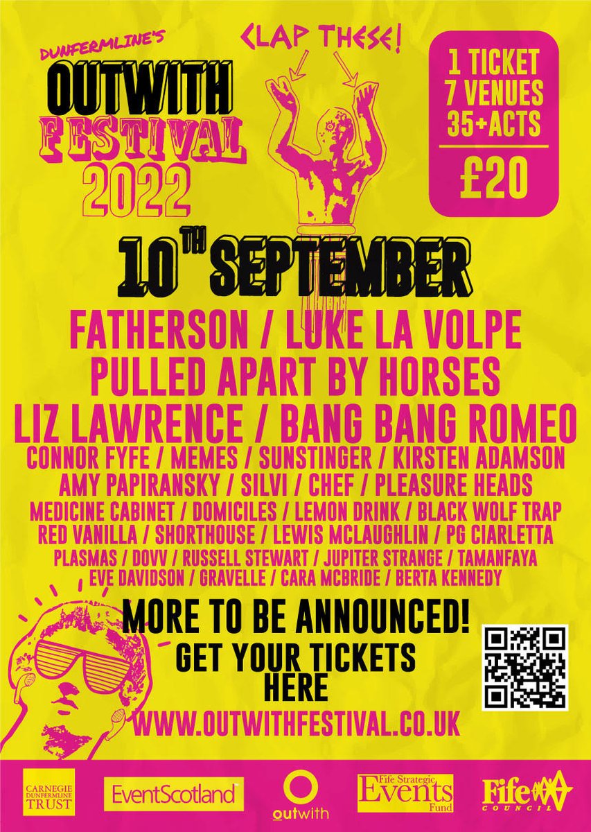 outwithfestival's tweet image. OUTWITH FESTIVAL 22 ALL-DAYER LINE-UP REVEALED!

Saturday 10 September, catch @fathersonband @LukeLaVolpe @pabh @BangBangRomeo + many more.
1 day, 7 venues, 1 ticket. Tickets only £20!

Get yours now via: eventbrite.co.uk/e/outwith-all-…

#WeAreOutwith