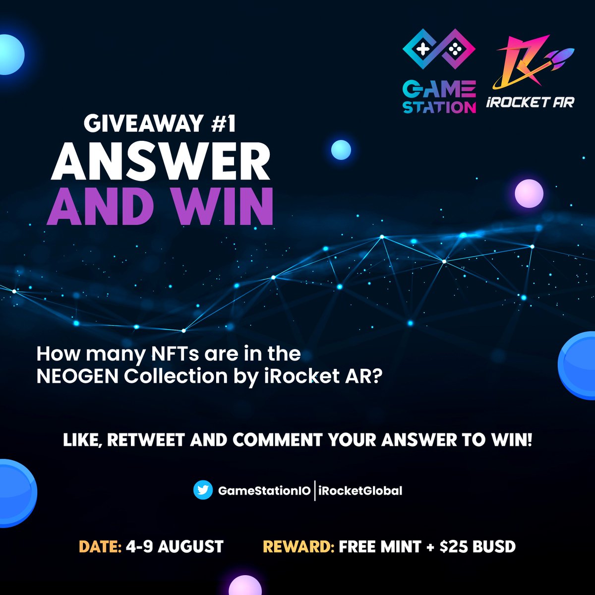#GIVEAWAY - Day 1 of 5⚡

🤑 Win FREE mint of the NEOGEN 3D AR #NFT &amp; $25 of BUSD

To Enter:
✔️Like, RT and Comment your answer to the question. See hint below 👇

Complete #Gleam for more prizes bit.ly/3oUVftC

⛔5 Aug 13:00 UTC

#FreeNFT #Competition
[1 /2]🧵