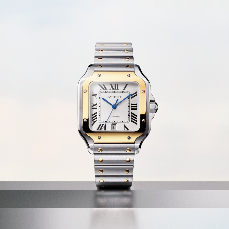 Cartier's tweet photo. La présence de l'or et de l'acier renforce le détail signature des vis apparentes de ce design iconique. #SantosdeCartier