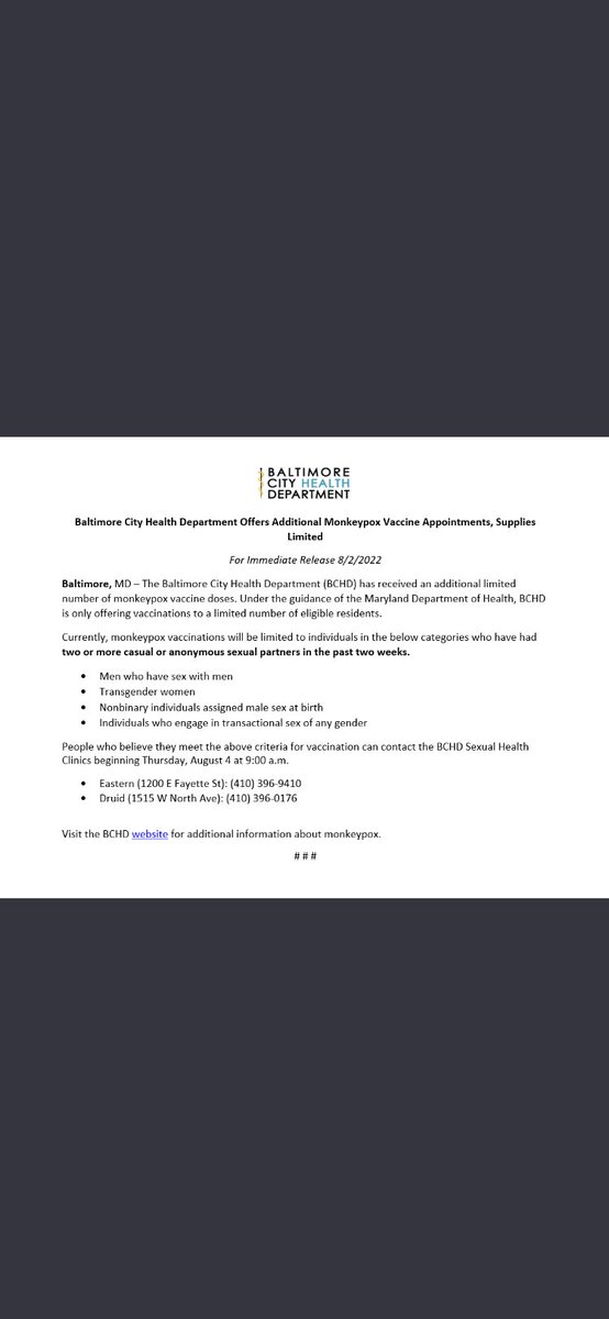REMINDER: Registration for a limited # of Monkeypox vaccination appointments starting TODAY at 9am. 📞Call 410.396.9410 or 410.396.0176 📞 to make an appointment.