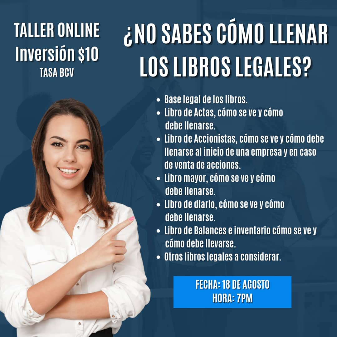contable_aldia's tweet photo. ¿NO SABES COMO LLENAR LOS #LIBROSLEGALES ?
💕 Este taller es para ti
INVERSIÓN: $10 tasa BCV
Fecha y Hora: 18 de agosto a las 7:00 PM
VÍA ZOOM
#Contabilidad #Venezuela https://t.co/rwWDZFUhIB