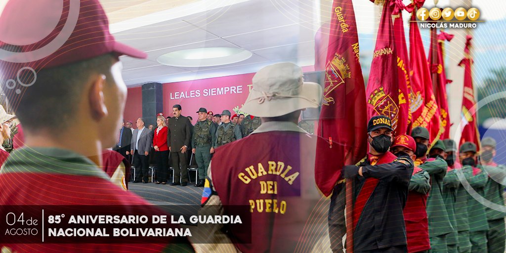 NicolasMaduro's tweet photo. Celebramos el 85° aniversario de la @GnbGaranteDePaz. Saludo al personal de este extraordinario cuerpo centinela, protectores de la Patria de Bolívar y Chávez, ejemplo de patriotismo y compromiso con el Pueblo. ¡Gracias por su lealtad! https://t.co/oIqyy6Gtfe
