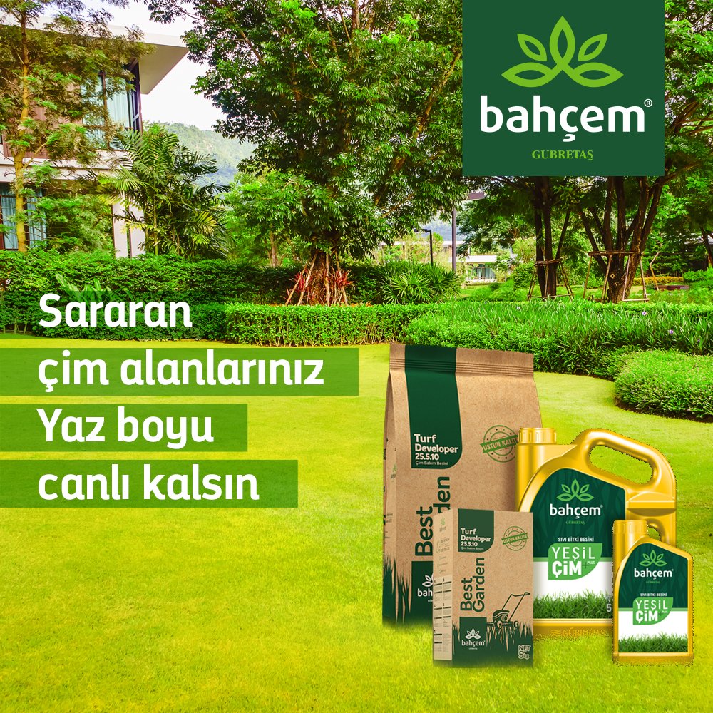 Bahçem çim bakım gübreleri çim alanlarınızı sıcaklık ve kuraklığa karşı korur, besler ve güçlendirir.
Çimlerinizin ihtiyacı olan bakım besinlerini online satış mağazamız gubretasbahcem.com.tr üzerinden sipariş edebilirsiniz