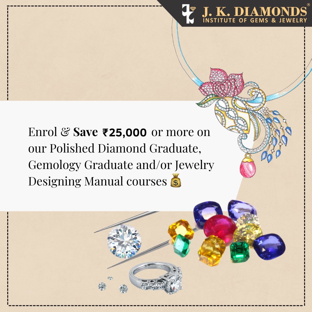 JKDIGJ's tweet photo. EXCLUSIVE OFFERS! Your favorite courses come with a discount for a limited period. Grab the opportunity at the earliest. (1/2)
#jkdiamondsinstitute #jewelrydesigning #diamondgrading #gemologist #digitalluxurybranding #courseoffer #exclusiveoffer #iijs #iijs2022 #iijsmumbai https://t.co/IiiTy0Xy6p