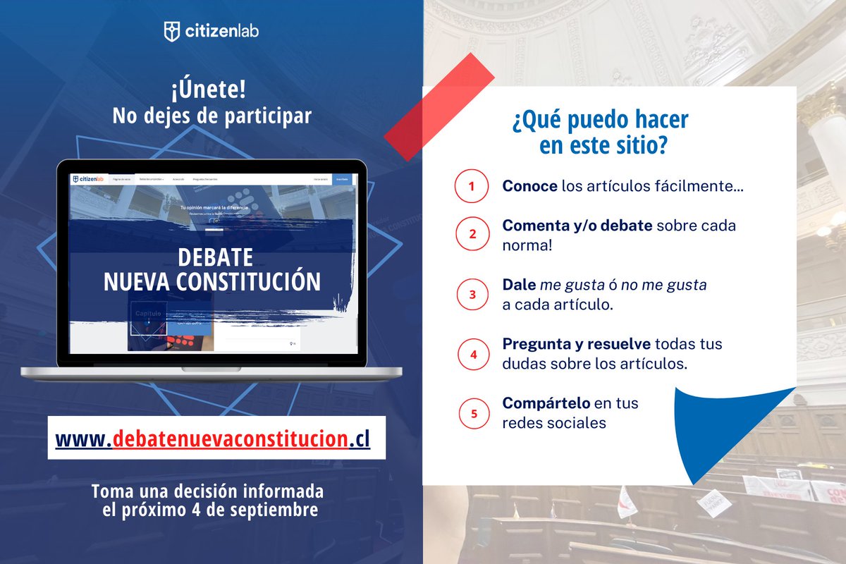 CitizenLab_es's tweet photo. 📢¡Un futuro + propio gracias a la participación! Acabamos de lanzar la plataforma "Debate Nueva Constitución" te invitamos a informarte/opinar/resolver tus dudas y compartir. Todo sobre los artículos de la propuesta constitucional #debatenuevaconstitucion https://t.co/REEIhwka7w https://t.co/xGeDF6OSTi