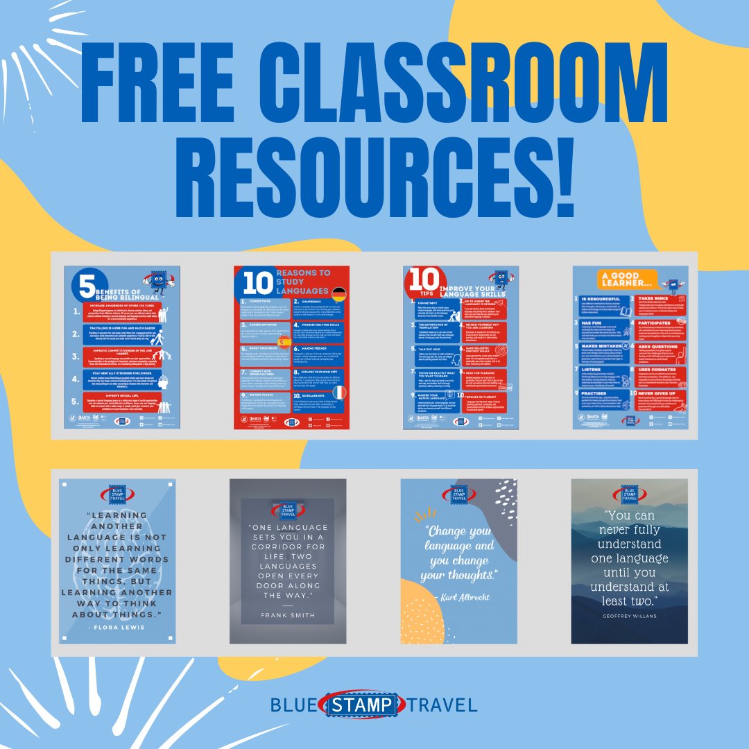 Are you looking to brighten up your classroom ready for the new academic year? Check out the Blue Stamp Travel website for a variety of resources, free to download! #MFL #MFLteacher #newacademicyear #classroom #resources #poster #presentation #mfltwitterati