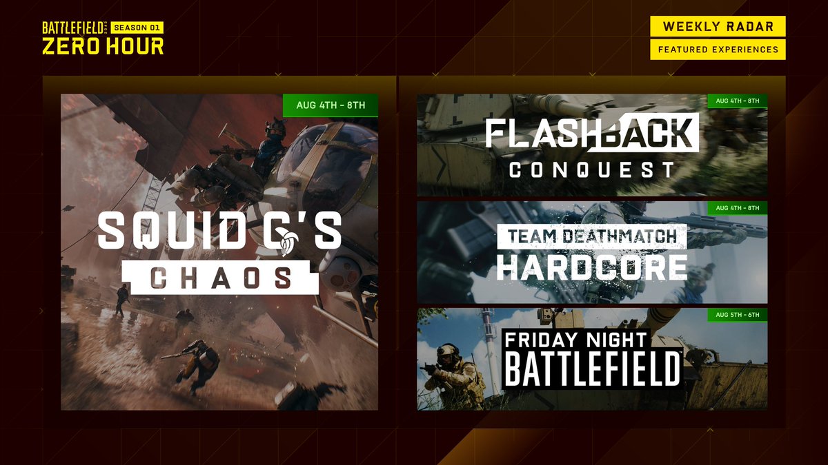 It's Weekly Radar Time! This week, it's finally official; @SQUiD_1337's 'Chaos' is now a Community Spotlight in #BattlefieldPortal. This one's completely bananas! Zero Hour Conquest 24/7 in AoW features Exposure and Kaleidoscope back to back! 👉 x.ea.com/74037