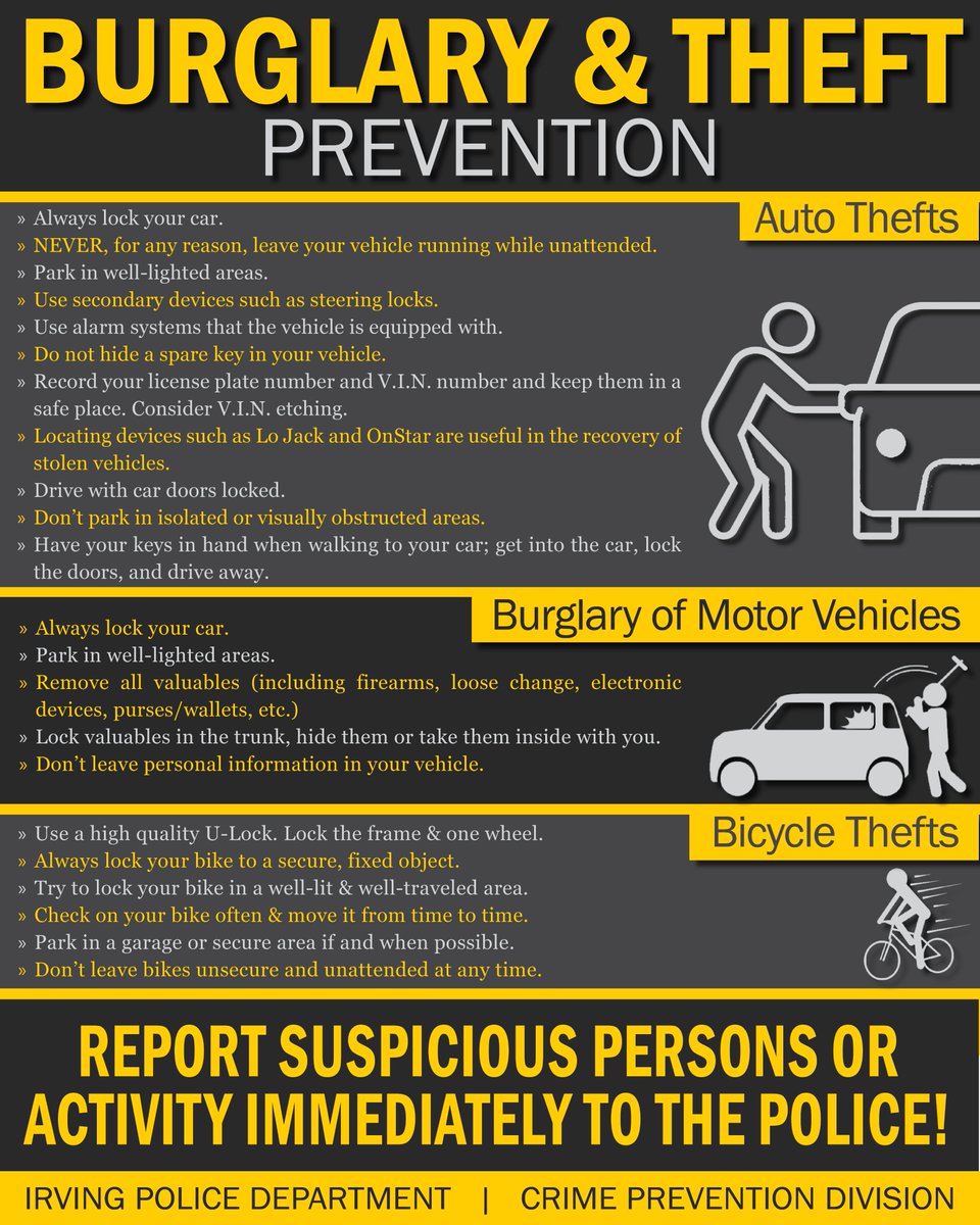 The Irving Police Department is asking everyone to be extra diligent with their valuables! It’s easy to do; crime prevention starts with you! #TheftPreventionThursday #CrimePrevention #TheMoreYouKnow #IPDCares