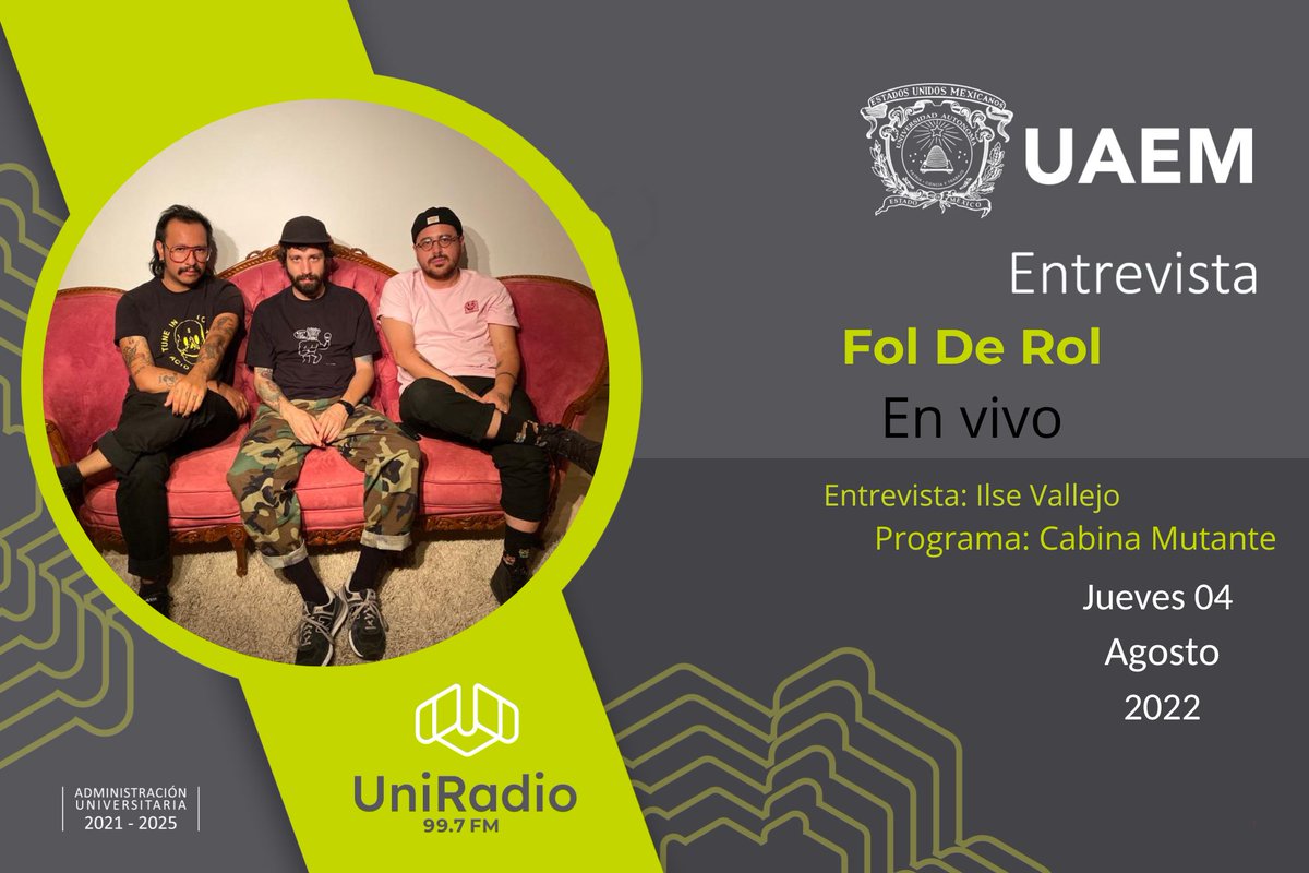 UniRadio997FM's tweet photo. Hoy @Vianvallejo plática con @ArturoUriza acerca de su proyecto #FolDeRol, un poco de psicodelia con manufactura en Puebla. ¡Acompáñalos!
#CabinaMutante
#UniRadioVaConmigo
#SomosUAEMéx 💚💛 https://t.co/ZvBcLTQ2mq