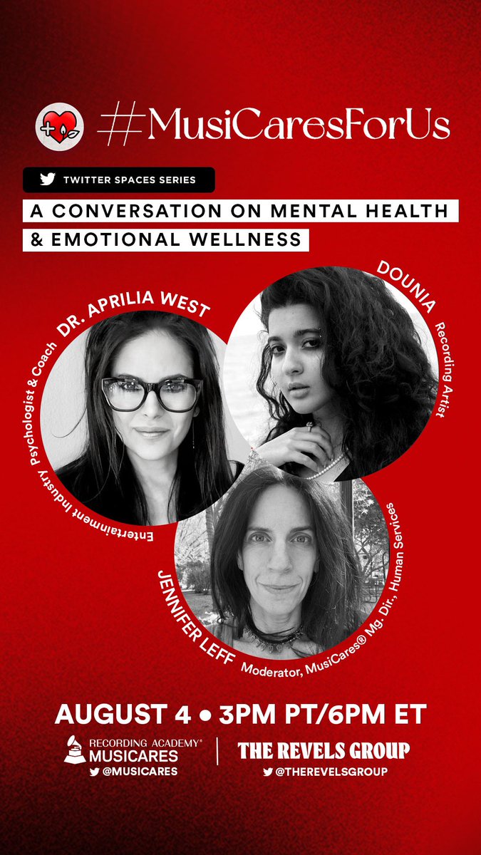 TheRevelsGroup's tweet image. We’ve teamed up with @musicares for a conversation on mental health &amp;amp; emotional wellness in the music industry. 

Join @dounia, @drapriliawest &amp;amp; Jennifer Neff of @musicares for a conversation today on Twitter Spaces at 3 PM PT/6 PM ET. 

grm.my/3zyCRf3