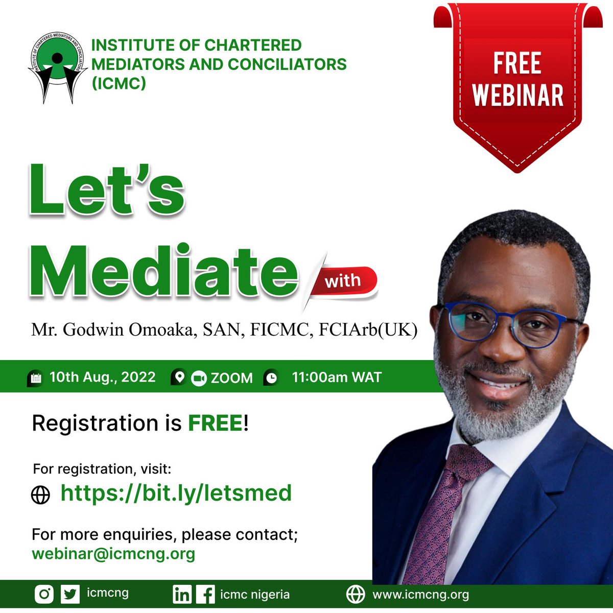 icmcng's tweet photo. FREE WEBINAR!

The Institute is pleased to inform you that the webinar is scheduled to hold as follows:
Date: Wednesday, August 10th, 2022
Tim: 11:00am WAT
Venue: Zoom https://t.co/RIadxSYhaz