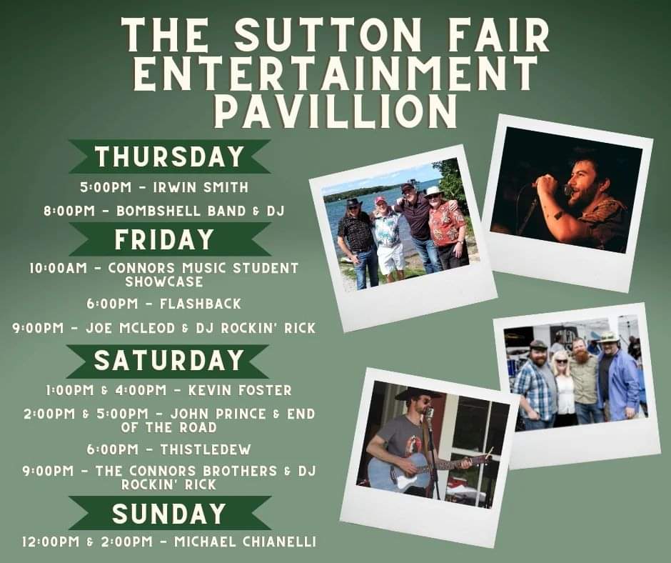 SuttonFair's tweet image. RT @ConnorsMusic1: Music in the Entertainment Pavillion at the @SuttonFair starting today!
@joemcleodmusic @KevDFoster @ConnorsBrothers and more!