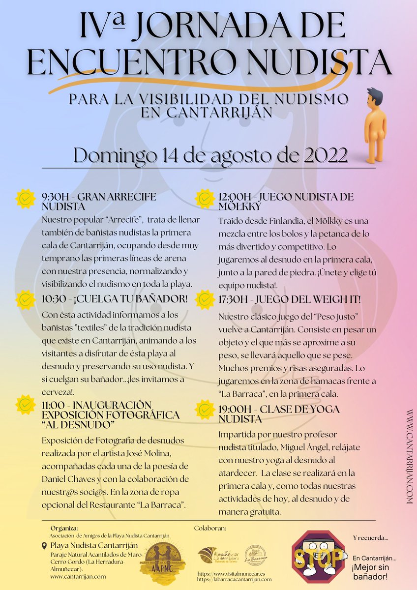 APNCantarrijan's tweet photo. La “IVª Jornada de Encuentro Nudista” para visibilizar el nudismo en Cantarriján,empieza a calentar motores

Y la fecha + nudista del verano será el domingo 14 de agosto de 2022!

Os esperamos en Cantarriján ¡Al natural!
#FuerzaNudista
#Cantarrijanalnatural
#CantarrijanEsNudista https://t.co/u9ECRG2BGw