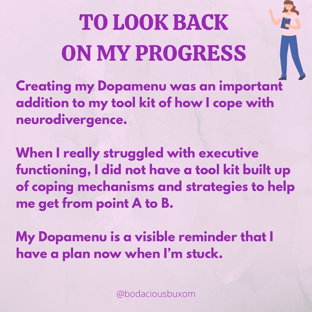 bodaciousbuxom's tweet photo. REASONS WHY I LOOKED AT MY DOPAMENU THIS WEEK ⬇️

(If you’re not familiar with what a Dopamenu is, let me know and I’ll direct you to an older post of mine where I break it down).

#ADHD #adhdtwitter #Neurodivergent #Neurodiversity https://t.co/y8MNtbZHp3