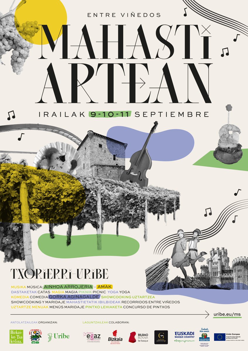 EgazTxorierri's tweet photo. 🍇 Irailaren 9tik 11ra bitartean, #MahastiArteanJaialdia #Txorierri-n! Kultura, gastronomia, kirola, natura... eta #txakolina. Datak gorde!
Info+ eta 🎟️: https://t.co/8r91STGdDd
#bizkaikotxakolina #visituribe #visitbiscay #basqueexperience https://t.co/QwGH1BHOMm