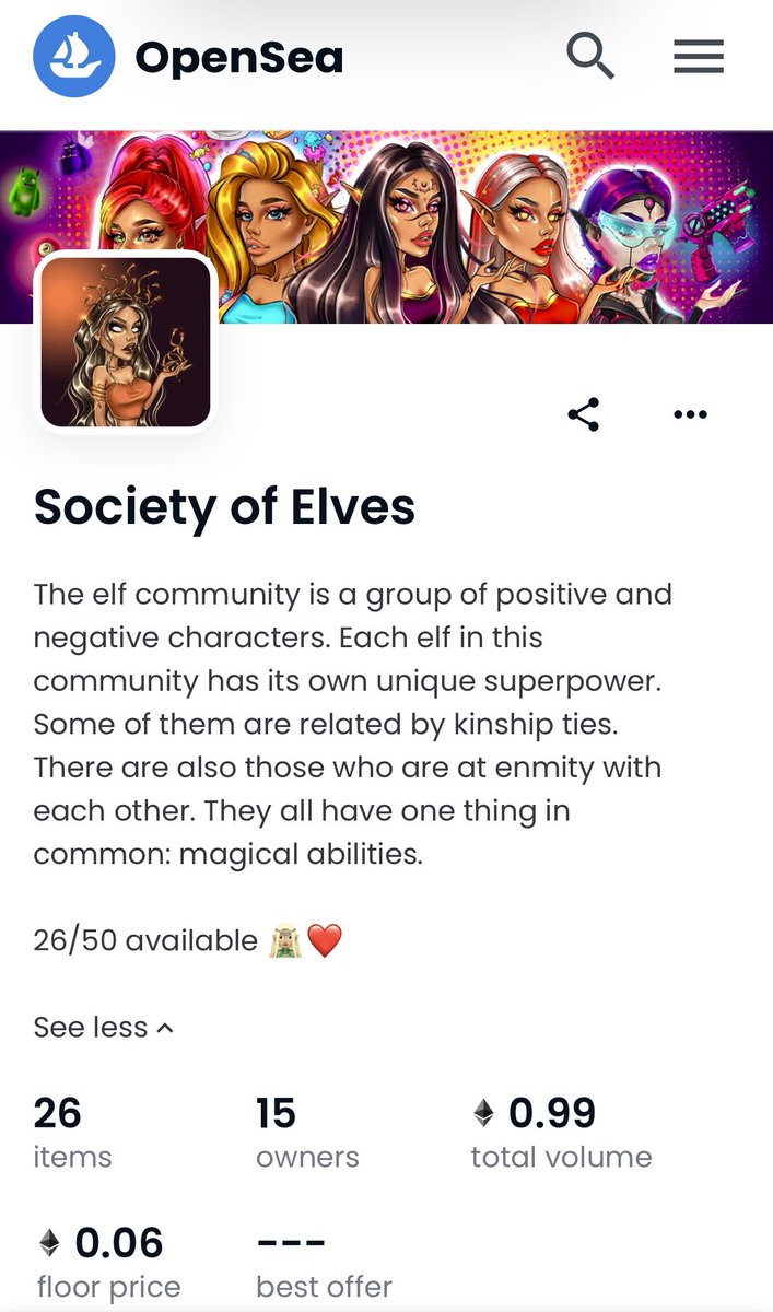 Hey, friends!🔥
Society of Elves collection 🧝🏽‍♀️💜
6 elves left!😍👏🏼

Available 26/50
SOLD 20/26 🚀

Below price 0.06 ETH 🔮

opensea.io/collection/soc…