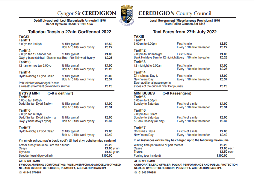 abergotaxis's tweet photo. New tariffs have been implemented into all of our taxis in Ceredigion &amp; Aberystwyth. here is the new tariff sheet https://t.co/UvXSzLYN4f