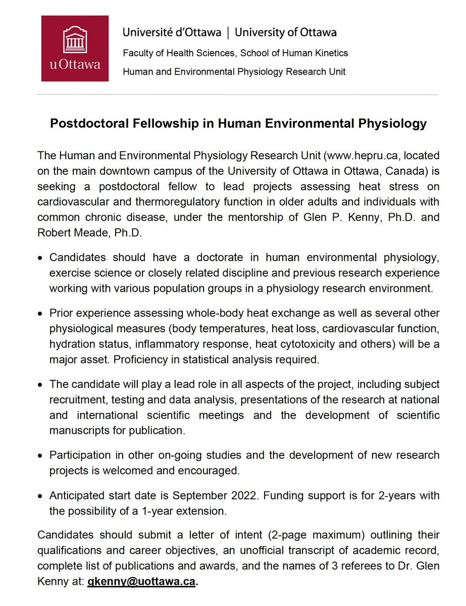 Canada is where it's at when it comes to opportunities to study #heat, #aging, #thermoregulation, &amp; cardiovascular physiology. Here's a great post-doc available with <a href="/HEPRU_uOttawa/">HEPRU uOttawa</a> led by Drs. Glen Kenny &amp; Robert Meade!
#envtphys