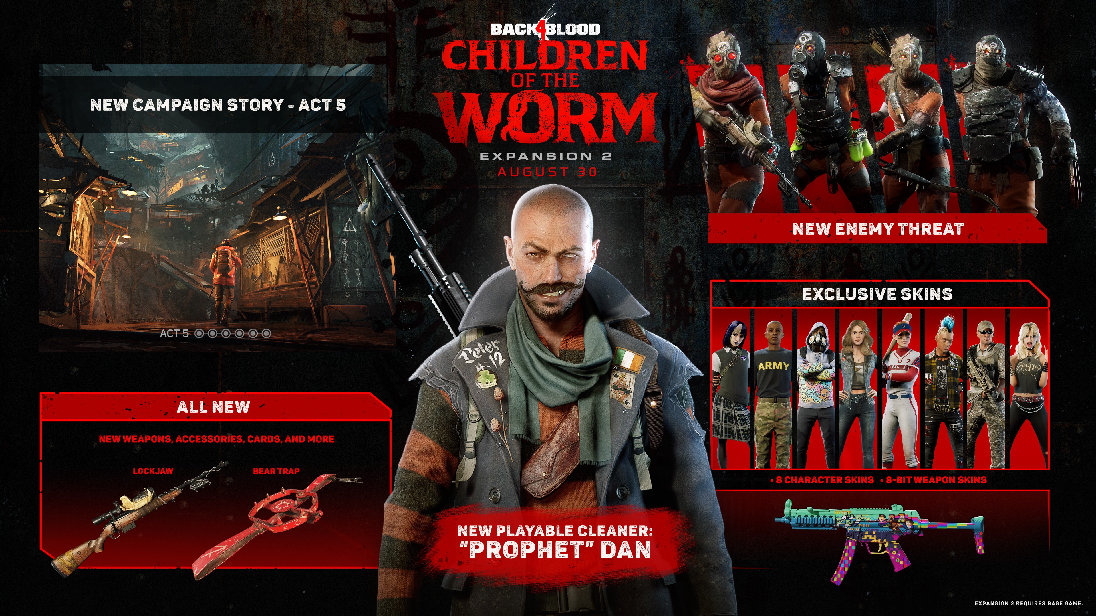 A roadmap for Back 4 Blood's 2nd expansion, Children of the Worm, which releases on August 30th. Featuring Act 5, new weapons and accessories (lockjaw & bear trap), new enemy threats, & exclusive character and weapon skins. 