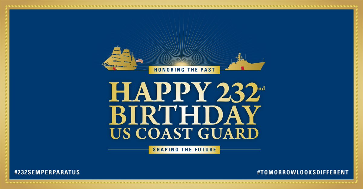Happy 232nd birthday, U.S. Coast Guard! ⚓ 🇺🇸 🎂

Today we celebrate the Coast Guard’s 232 years of honorable and courageous service to the Nation! This year's theme is "Honoring the Past, Shaping the Future".