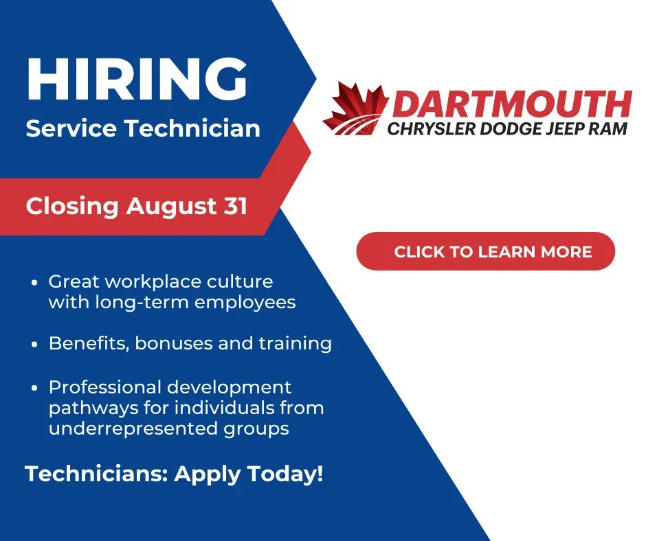 Job_Junction's tweet photo. Technicians! Dartmouth Dodge is hiring a Service Technician. Looking for a place to grow in a supportive environment with medical benefits & bonuses? Click here: https://t.co/J67SjFeLw1
#ServiceTechnician #Dartmouth #Dealership #Vehicle #RedSeal #Growth #Bonuses #Family #NSWorks https://t.co/zy1ZSX2tdK