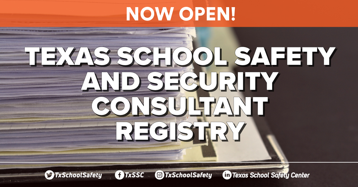 TxSchoolSafety's tweet photo. The Texas School Safety and Security Consultant Registry provides a searchable database of consultants who have been vetted by the TxSSC and are eligible to provide #schoolsafety or security consulting services in TX. Visit https://t.co/i64je5XAkz to start your search! https://t.co/niysTKI15S