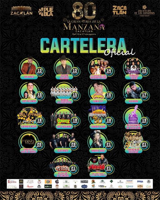 SoloPorPlacer's tweet photo. Ya viene la feria de #zacatlándelasmanzanas 
Que tal escuchar a #Mijares o a #JuliónÁlvarez
Vayan reservando su habitación porque ya están volando 
Checa el cartel de los artistas https://t.co/FCE4rt2fPk