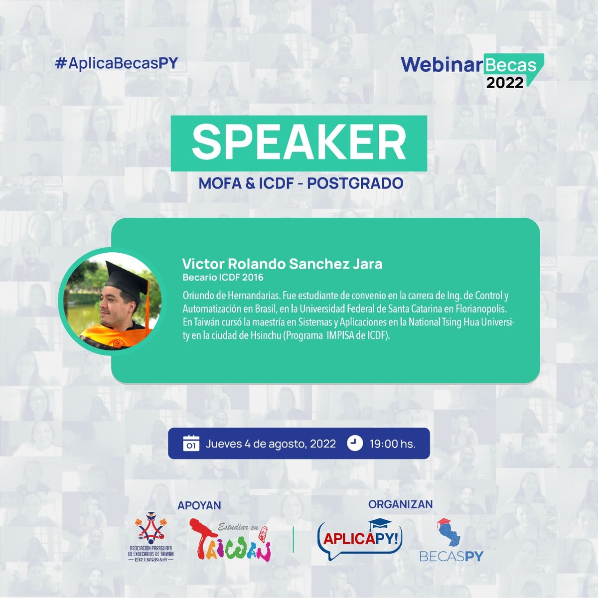 ¿Querés hacer una carrera de postgrado en Taiwán? ✈🇹🇼

Hoy en el día 4️⃣ del Webinar Series #AplicaBecasPy  vas a poder conocer sobre becas de maestría y doctorado. 🤩

Victor, becario #ICDF estará contando su experiencia en la NTHU. 🎓🙌🏻

Regístrate en: bit.ly/AplicaBecasPy2…