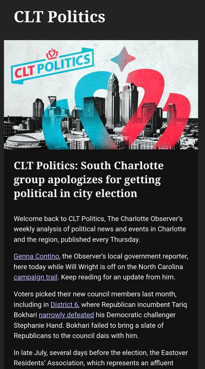 Joshpberg's tweet photo. The CLT Politics newsletter list is growing fast because of great editions like this one by @GennaContino. Sign up to get it in your inbox on Thursdays at https://t.co/cTTRG3Oysb #cltpolitics #cltnews https://t.co/pX9xy0c2KK