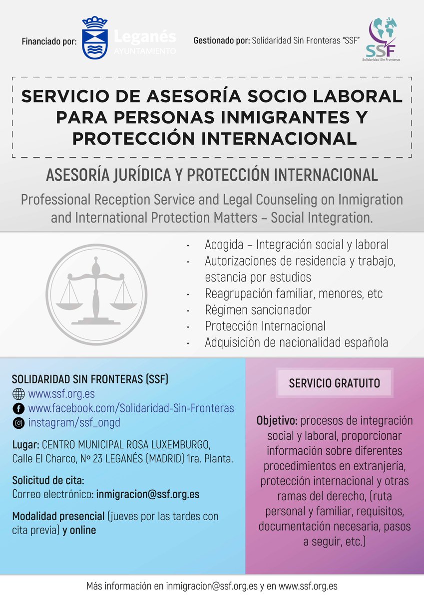 SSF_info's tweet photo. 🔵Desde Solidaridad Sin Fronteras proporcionamos un servicio gratuito de asesoría sociolaboral para personas inmigrantes y cuestiones de protección internacional.

📩Solicita tu cita previa en modalidad presencial u online en inmigración@ssf.org.es
#Asesoría #Extranjería #Leganés https://t.co/9rON5cnFAP