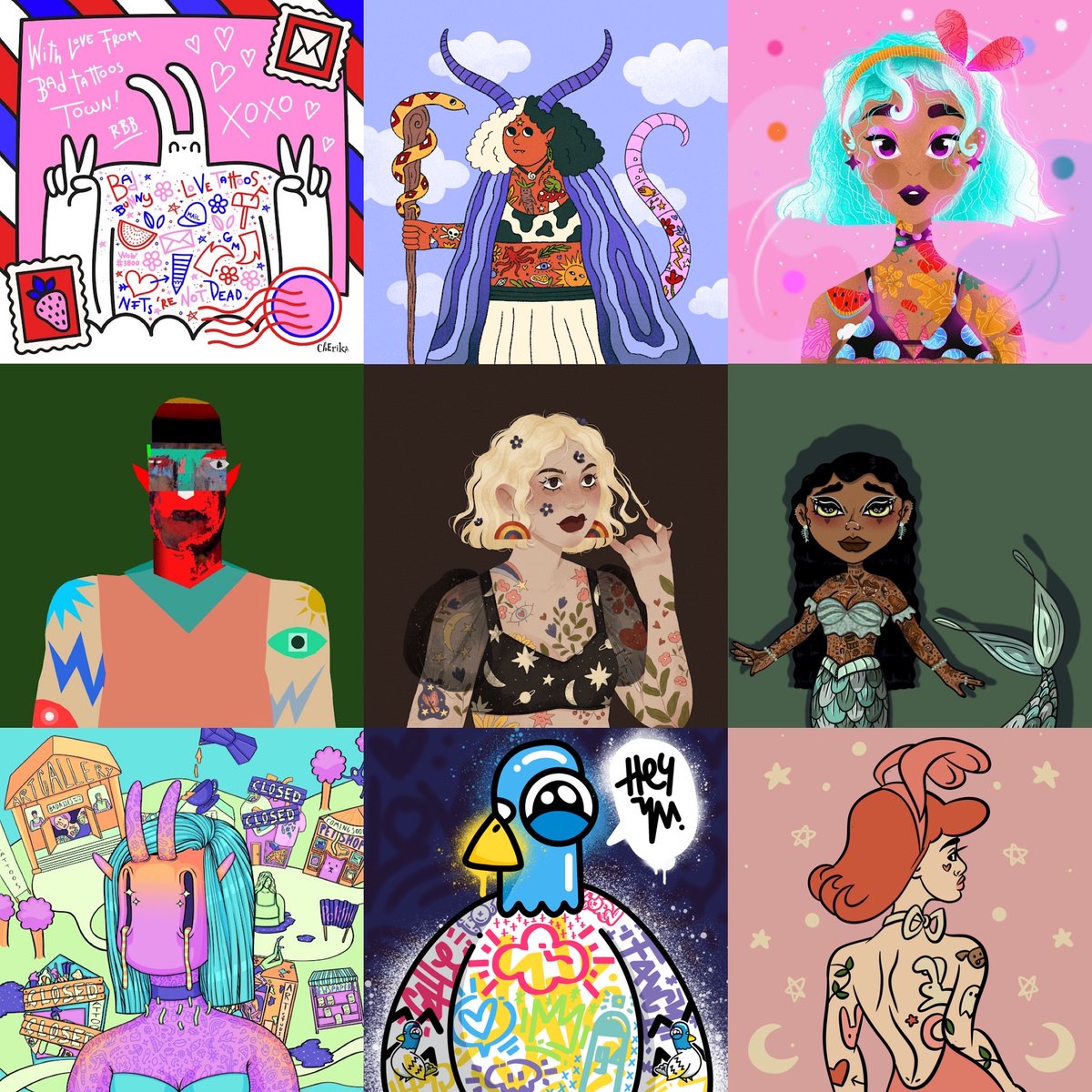 BadTattoosTown's tweet photo. Check out some of the past airdrops Bad Tattoos Town residents have received! 
We started our mint 3 months ago and so far our residents have received 14 airdrops of art by NFT projects we admire! https://t.co/8Wpp7TC3FG