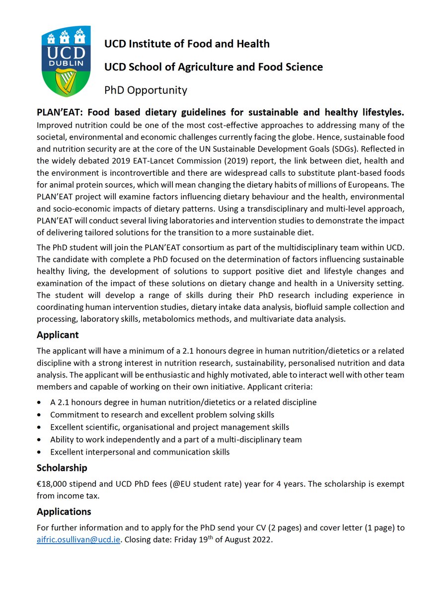 We are looking for some enthusiastic candidates for exciting MSc / PhD positions to join us on new EU project on Sustainable Healthy Diets #jobsearch   #sustainable #HealthyEating - details below - 👇 <a href="/AifricOSullivan/">Aifric O'Sullivan</a> <a href="/UCDNutritionSoc/">UCD Nutrition Soc</a> <a href="/UCDFoodHealth/">UCDFood&Health</a> <a href="/ucdagfood/">UCD School Ag & Food</a> <a href="/UCD_Research/">UCD Research</a>