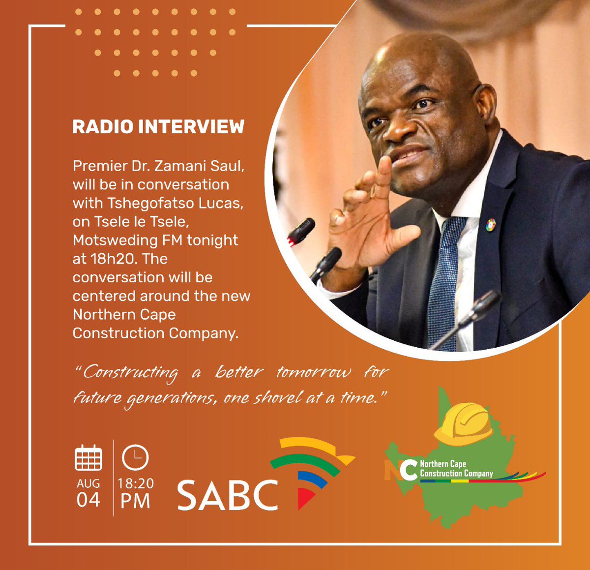 NCProvGov's tweet photo. 📻Tune into Motsweding FM 87.9 to 107.9 FM or on the DSTV channel 809;  Premier Dr. Zamani Saul will be in conversation with Tshegofatso Louw.

#moderngrowingsuccessfulprovince 
#northerncape
#ncconstructioncompany
#commitmentmade
#commitmentdelivered 
@NcConstructCo @dr_zsaul1 https://t.co/JYJUIgbtqV