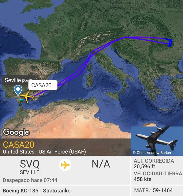 MilRadar's tweet photo. 🇺🇸 #USAF KC-135T Stratotanker 59-1464 del #351stARS regresa a #Morón tras vuelo de más de 8 horas y completar misión #AAR sobre #Rumanía https://t.co/Al8GR3e8eU