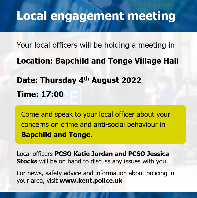 KentPoliceSwale's tweet photo. PCSOs Katie Jordan &amp; Jessica Stocks will be holding a local surgery today at Bapchild &amp; Tonge Village Hall at 5pm. Please come along to discuss any concerns you have. https://t.co/LYLQ30rMqv