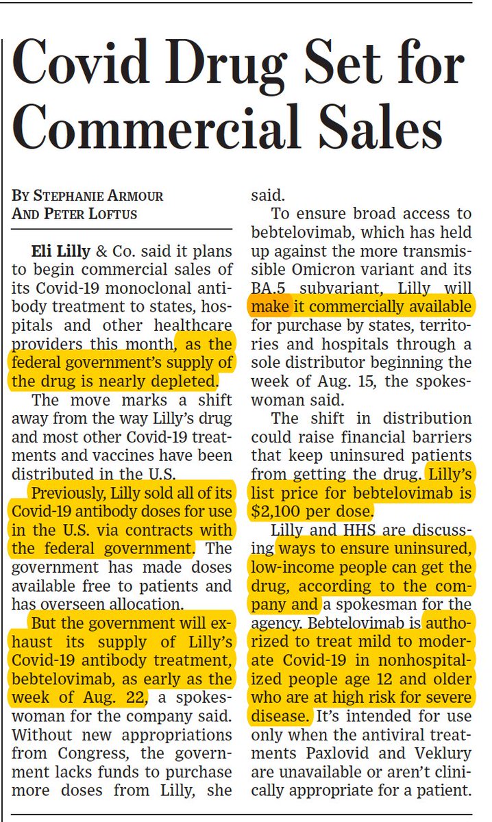 Bebtelovimab is the only monoclonal antibody left that works against BA.5. The US government supply is about to run out.
wsj.com/articles/eli-l… <a href="/StephArmour1/">Stephanie Armour</a> <a href="/Loftus/">Peter Loftus</a>