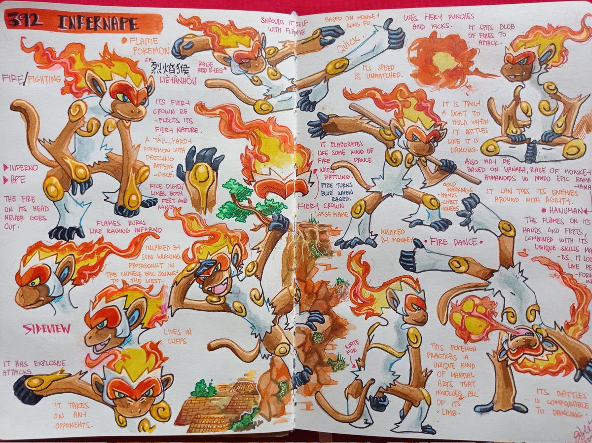 burr_gundy's tweet photo. INFERNAPE🐒🔥
-It tosses its enemies around with agility. It uses all its limbs to fight in its own unique style. Its crown of fire is indicative of its fiery nature.
#pokemon #journal #sketchbook #visualstudy #conceptart #sketch #art #infernape #sinnoh https://t.co/5lvCTs5Kbo