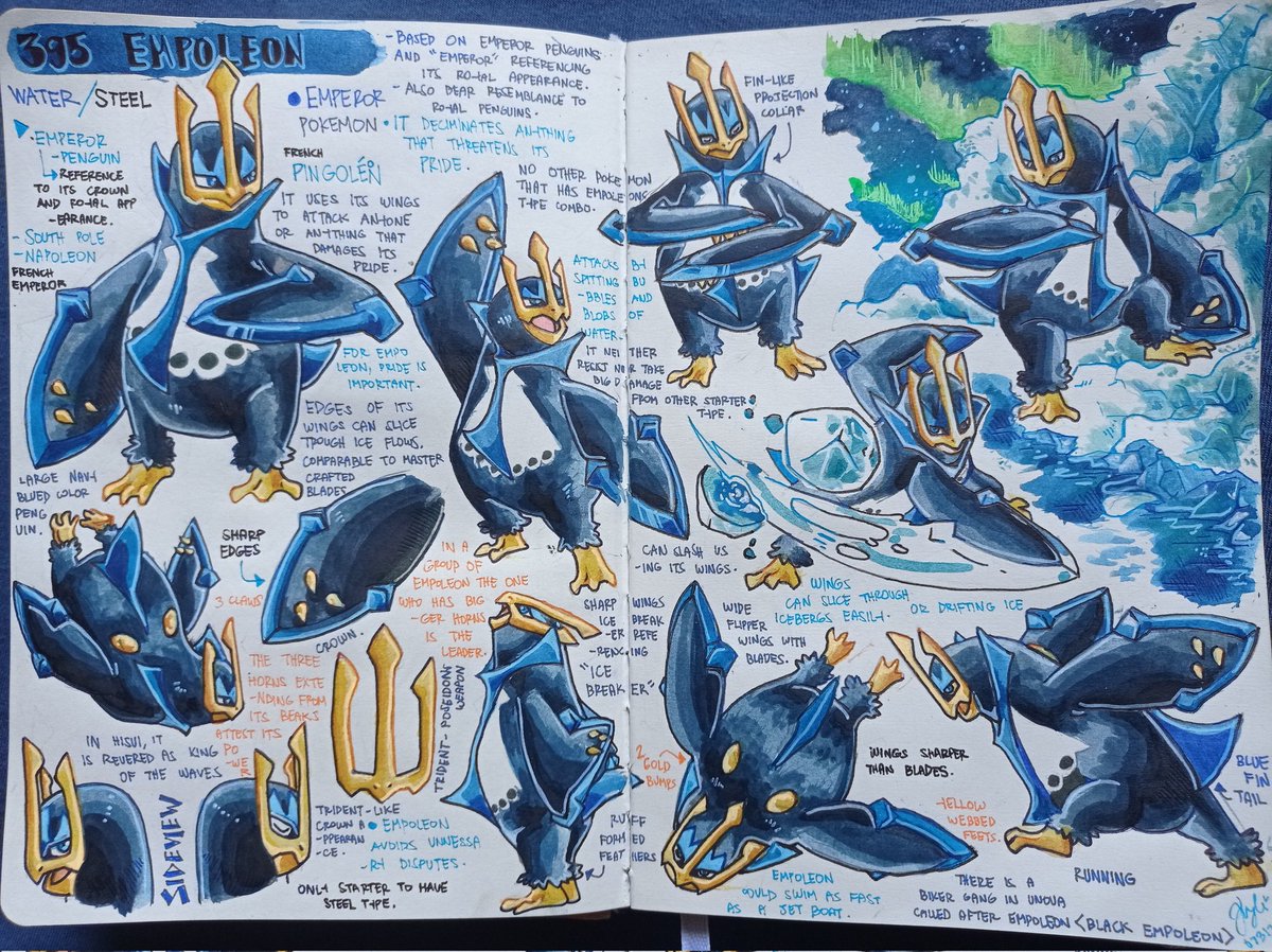 burr_gundy's tweet photo. Empoleon🐧💦❄️
-The three horns that extend from its beak attest to its power. The leader has the biggest horns. It swims as fast as a jet boat.
#pokemon #journal #sketchbook #visualstudy #conceptart #sketch #art #Empoleon #sinnoh https://t.co/3m9O3yi1ov