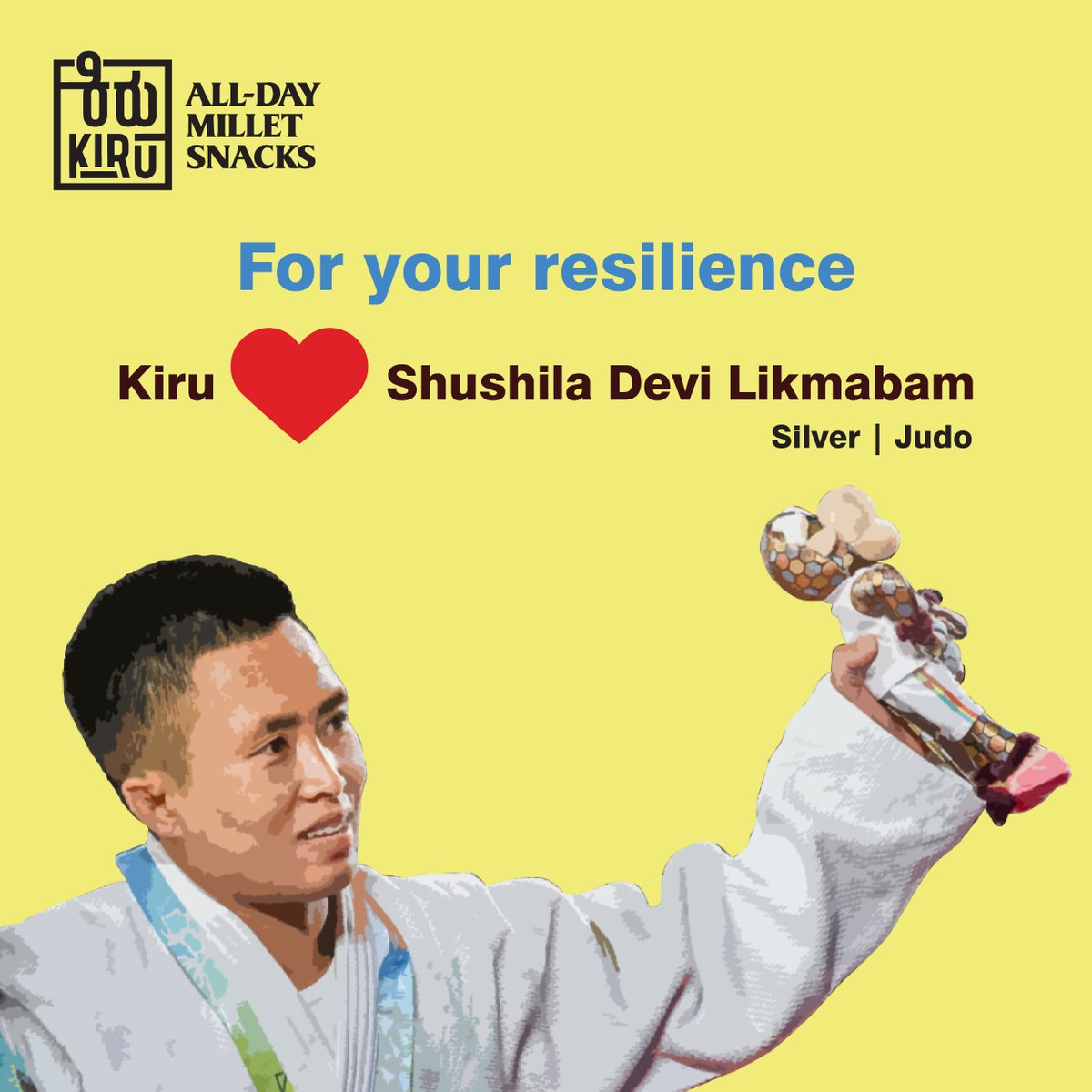Kiru_Millet's tweet photo. For competing with stitches on your knee. For your second CWG medal. For fighting the good fight. Kiru salutes #ShushilaDevi

Shop Kiru products on: 
https://t.co/nB3DHnVreu or https://t.co/nePl1qMoef

#CWG2022 #SilverForIndia #Judo #Kiru #Millets #BakedNotFried #AllDaySnacks https://t.co/cJFs7AHI38
