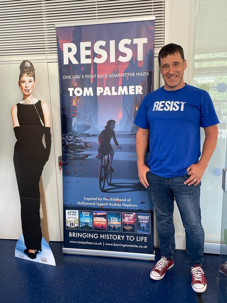 BarringtonStoke's tweet photo. Audrey and @tompalmerauthor are celebrating the publication of RESIST in Halifax this afternoon! If you’re in the area head to Halifax Library @ThePieceHall from 2.30pm to celebrate, get your #ResistBook signed and nab a slice of cake. 🥳 🤩 https://t.co/PiCSR3c4eP