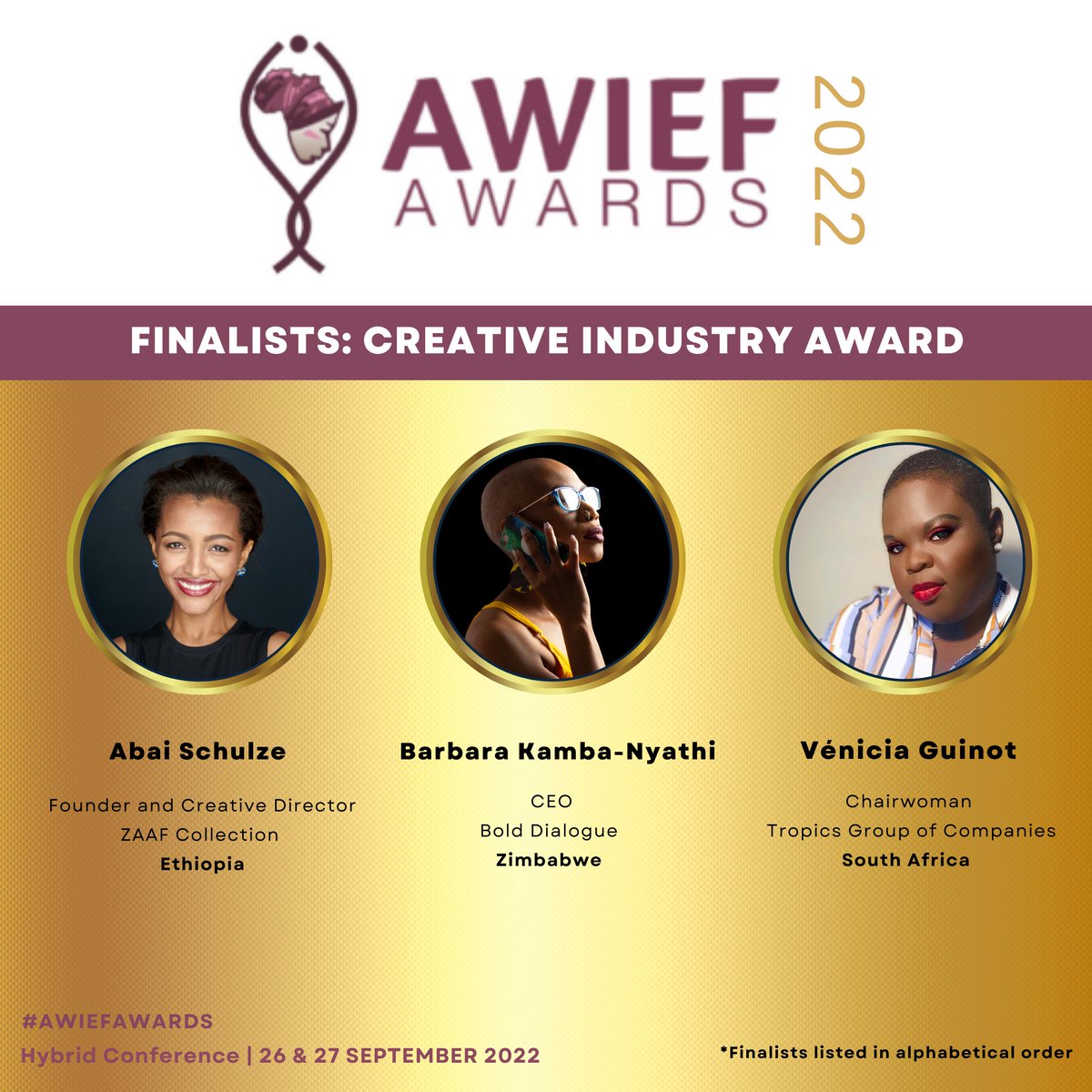 Meet the fantastic finalists in the #CreativeIndustry category of our 2022 @AWIEFAwards. The winner will be announced at a gala event at the #AWIEF2022 conference on the 26 &amp; 27 September on-site in Cairo, or virtually via our online event platform: lnkd.in/dnCriwBn