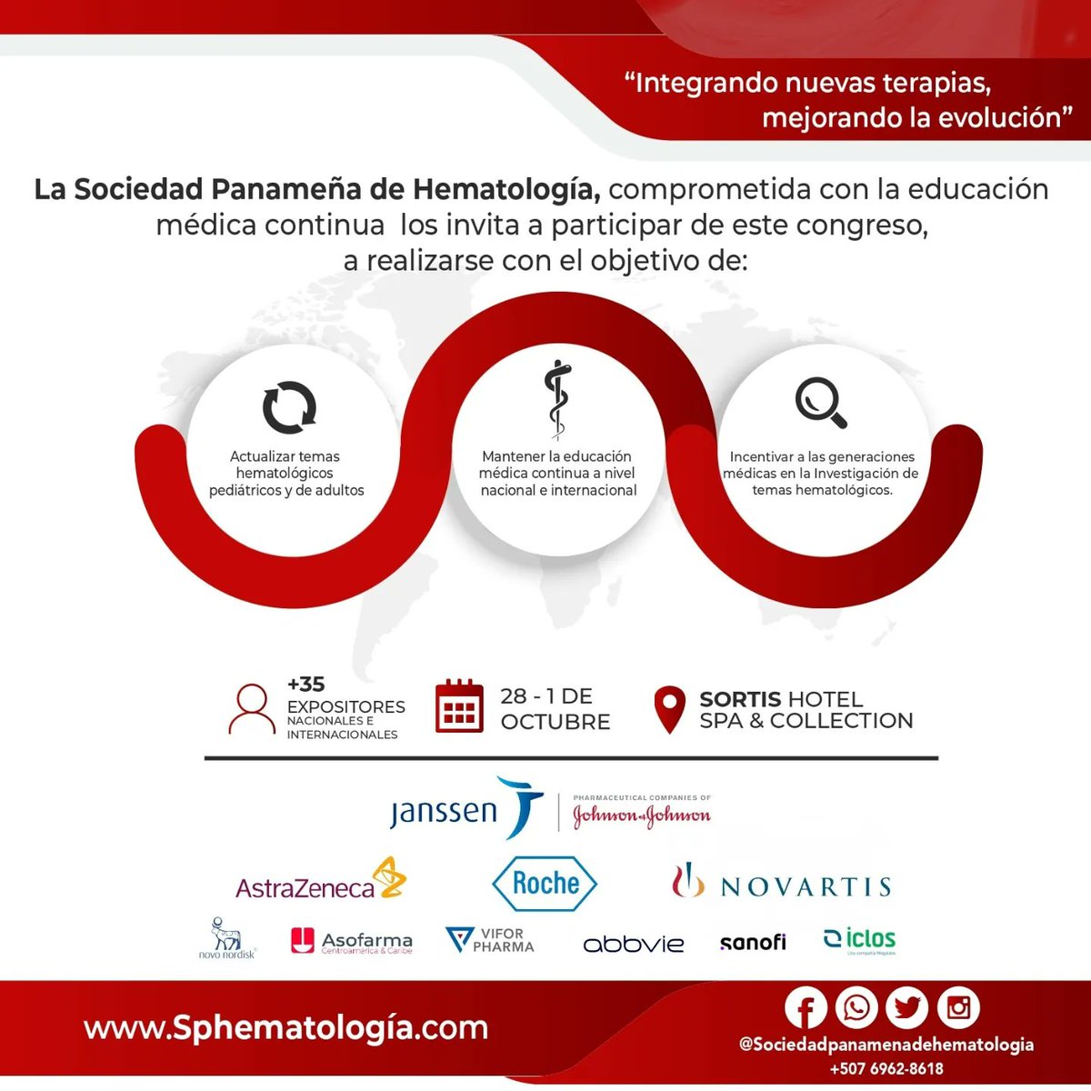 SPdeHematologia's tweet photo. Nos gratifica invitarlos a participar del IV Congreso Nacional I Congreso Internacional de Hematología "Integrando nuevas terapias, mejorando la evolución" con la participación de +35 expositores nacionales e internacionales, organizado por la Sociedad Panameña de Hematología. https://t.co/FDFZz4nQpl