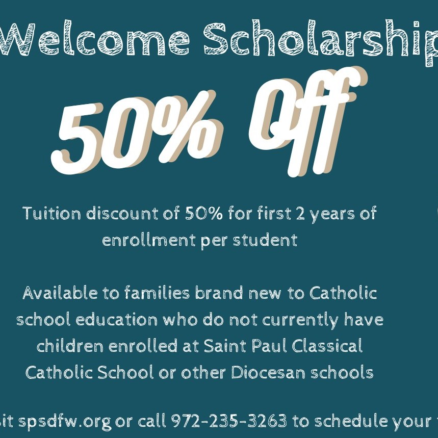 spsdfw's tweet photo. Have you been considering a Catholic education for your child? SPCCS is offering an opportunity experience a Catholic classical education with a Welcome Scholarship of 50% off for the first two years if you are new to Catholic education.
Call today to schedule your tour! https://t.co/M8oT2egNlA